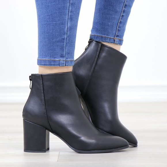 Block Low Heel Above Ankle Boots Pointed Toes Black Synthetic Leather - Picture 4 of 12